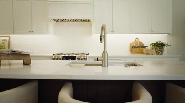 Slow motion move through ultra high-end kitchen, modern real estate interior