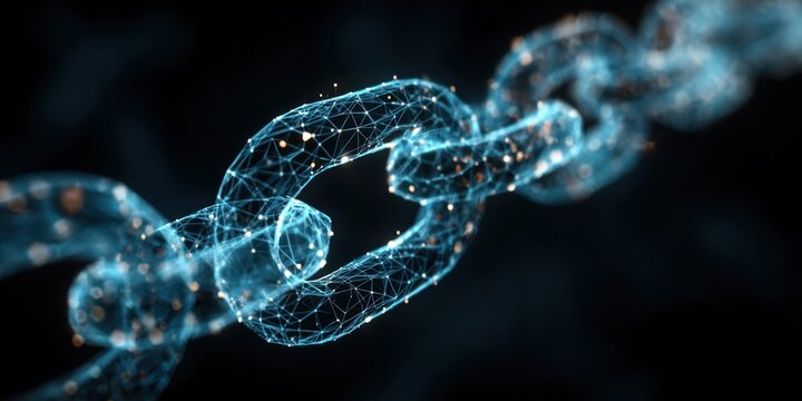 Digitale Blockchain-Verbindung mit leuchtenden blauen Kettengliedern - Konzept f&uuml;r Kryptow&auml;hrungssicherheit und Datentransfer