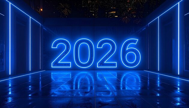Neon Future: Illuminated in futuristic neon light, the year 2026 casts a captivating glow, representing the cusp of innovation.