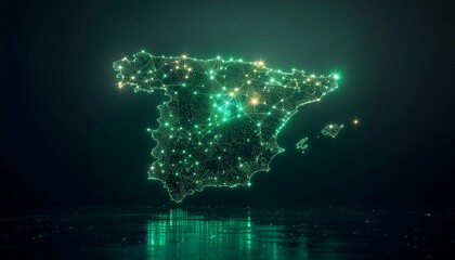 A digital representation of Spain's map with glowing green and yellow nodes and lines, symbolizing digital transformation in a dark background with a reflective surface.