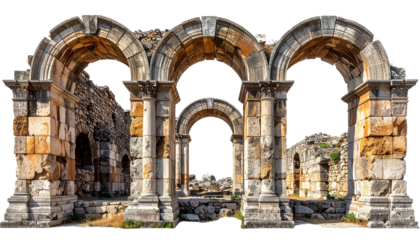 Ancient stone archway ruins with columns, creating a series of portals
