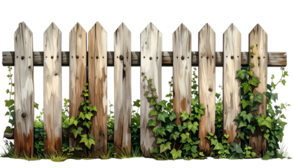 A weathered white picket fence with ivy growing on it