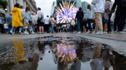 A crowd walks through the city as fireworks burst above them, reflecting in puddles on the ground, showcasing a festive and artistic interplay of light and emotion.