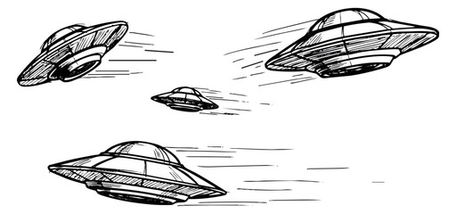 Hand drawn line art flying saucers set featuring alien spacecraft in motion for science fiction themes