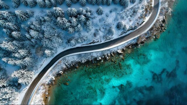 Winter view of a winding road by the sea with snowy trees in a coastal area during daytime