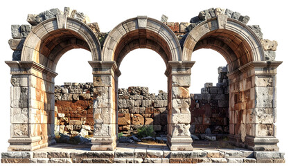 Three arched openings in aged stone, revealing a glimpse of ancient ruins