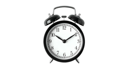 A classic black alarm clock with white face, hands showing time, against black