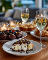 A delightful dessert table featuring elegant cakes and pastries, complemented by sparkling drinks and candles, creating a celebratory atmosphere for special moments.