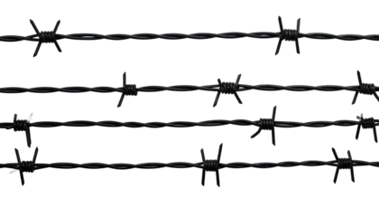 Isolated rows of black barbed wire, each with sharp barbs against a black background