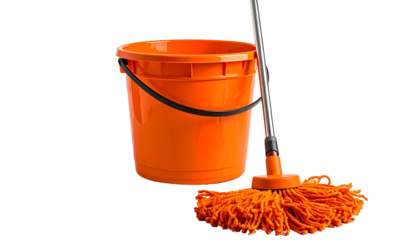 A vibrant orange bucket and mop set against a stark black background, ready for cleaning