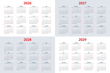 Calendar planner for 2026, 2027, 2028, 2029 year. Сalendar design, 12 months 2026-2029. Professional planner template for business, office, corporate use, project planning, scheduling, and time