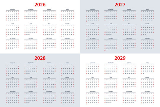 Calendar planner for 2026, 2027, 2028, 2029 year. Сalendar design, 12 months 2026-2029. Professional planner template for business, office, corporate use, project planning, scheduling, and time