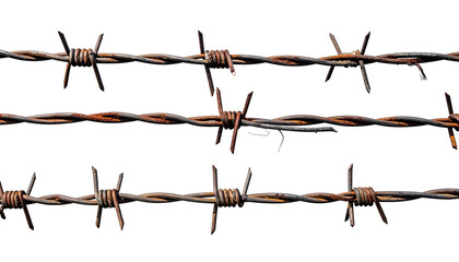 Close-up of three parallel strands of rusty barbed wire against a stark black backdrop