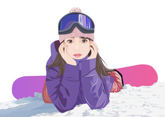 腹ばいのスノーボード女性イラスト