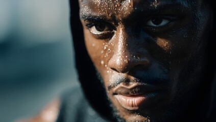 Close up on the intense face of an African American male athlete covered in sweat and water droplets from heavy rain during an intense workout