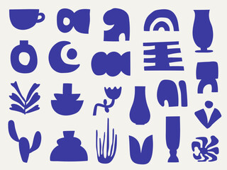 Collection of indigo blue organic botanical and geometric cutout shapes with cactus and moon for aesthetic design