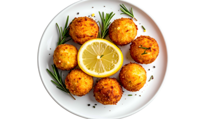 Overhead view of a white plate with golden fried balls, lemon slice, & herbs