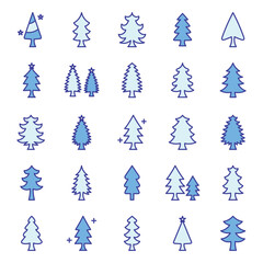 Christmas trees blue color outline icon bundle.Pine tree Vector illustration.