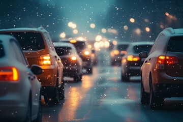 City Traffic Congestion During a Heavy Winter Snowstorm at Night. Concept for urban commuting challenges, winter driving safety, and extreme weather conditions with glowing car taillights.