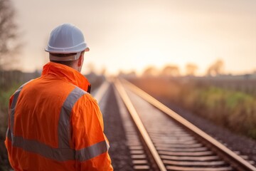 Railway Engineer in a Hard Hat and High-Visibility Orange Jacket Looking Down the Tracks at Sunset. Concept for rail infrastructure maintenance, transportation safety, and industrial engineering.