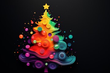 Abstract Rainbow Christmas Tree with Vibrant Swirling Textures and Orbs on a Dark Background. Festive holiday concept for creative season's greetings, modern winter celebrations, and artistic digital 