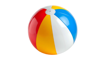 A classic, inflated beach ball featuring vibrant red, yellow, blue, and white segments on black