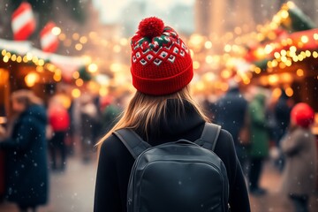 Rear View of a Young Woman Tourist in a Red Knitted Hat and Backpack at a Festive Christmas Market. Winter travel concept for holiday tourism, European street markets, and seasonal exploration.