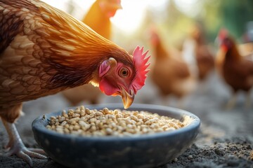 Single Brown Hen Pecking at a Bowl of Grain in a Sunlit Farmyard. Concept for organic egg production, poultry health, and natural livestock feeding practices.