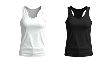 Two sleeveless athletic shirts, one white, one black, isolated on a black background (1)