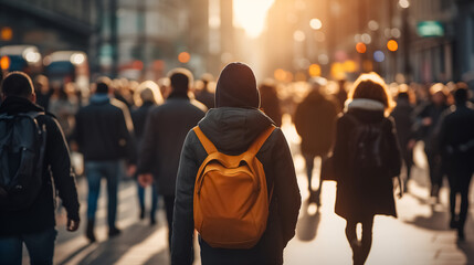 Rear View of a Person with an Orange Backpack Walking Through a Crowded City Street at Sunset. Urban lifestyle concept for student travel, city commuting, and metropolitan exploration.