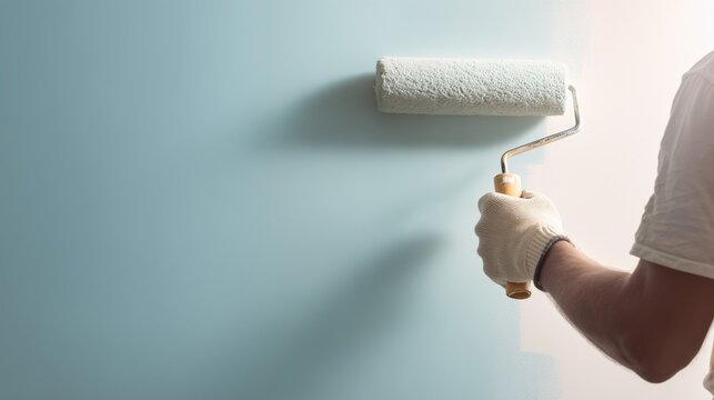 Professional Painter Hand Using a Paint Roller to Apply Light Blue Paint to a Wall. Concept for home renovation, interior design services, and professional house painting with copy space.