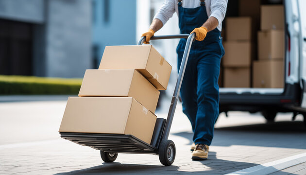 Delivery Person in Blue Overalls Moving Cardboard Boxes on a Hand Truck from a Van. Concept for e-commerce logistics, last-mile delivery services, and professional shipping and handling.