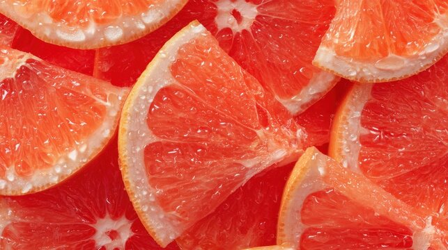 A vibrant image of fresh grapefruit slices with glistening citrus juice. The bright pinkish-orange color emphasizes freshness and juiciness, ideal for promoting healthy eating or refreshing beverages.