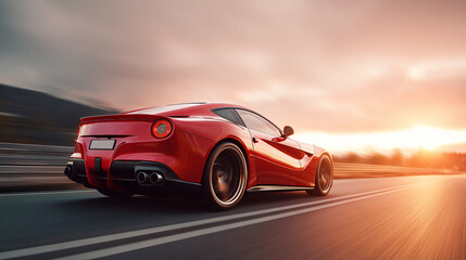 Obraz premium A red sports car is speeding at the sunset, slow shutter speed photography