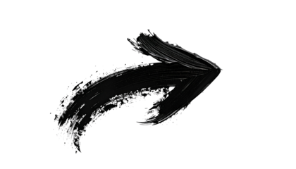 Black paintbrush arrow pointing right on a black backdrop, with scattered glitter-like effects