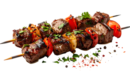 Grilled meat and vegetable skewers on wood sticks, garnished with parsley