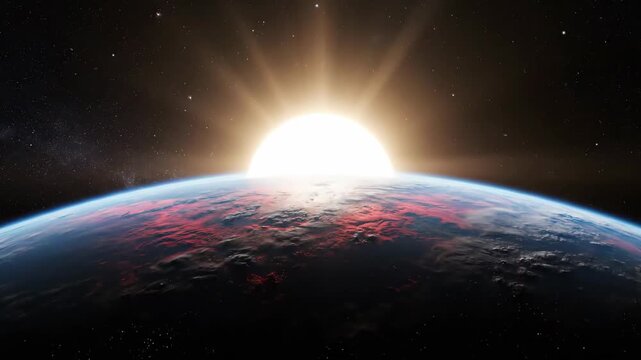 The sun rises over the curved horizon of a planet with a blue and red atmosphere in space.