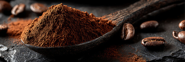Heap of fresh ground coffee in rustic wooden spoon on dark stone surface with scattered roasted beans for cafe menu design, barista branding, and gourmet drink advertising