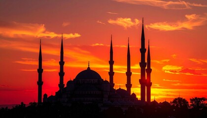Majestic silhouette of a historic mosque with multiple minarets against a breathtaking orange and red sunset sky.