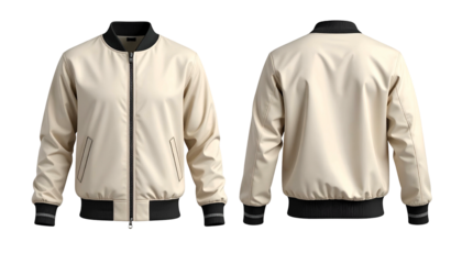 A front and back view of a light beige, zip-up, unisex bomber jacket