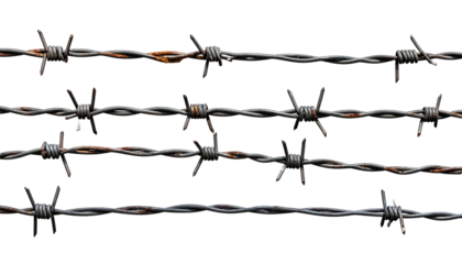 Close-up of several strands of rusty, gray barbed wire against a black backdrop