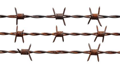 Close-up of three strands of rusty barbed wire against a black background