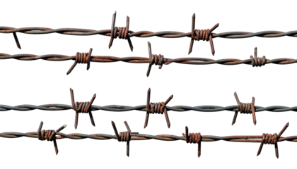 Close-up of rusty barbed wire strands against a black background