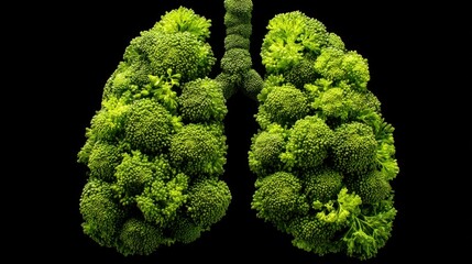 Broccoli is arranged to represent lungs highlighting the connection between healthy eating and respiratory health. This artwork encourages discussions about nutrition.