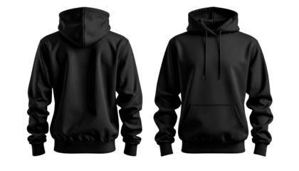 Two views of a black hoodie, back and front, with pockets and drawstring, isolated on black