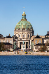 Copenhagen, Denmark, Frederik's Church known as The Marble Church and Amalienborg palace with the statue of King Frederick V.