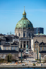 Copenhagen, Denmark, Frederik's Church known as The Marble Church and Amalienborg palace with the statue of King Frederick V.