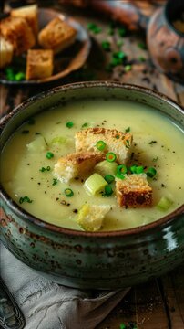 Bowl of creamy white soup with pieces of bread and vegetables.