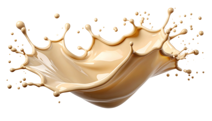 A dynamically captured splash of tan liquid against a solid black background