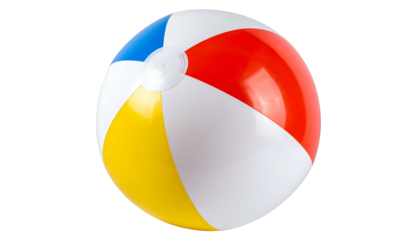 A colorful, inflatable beach ball with distinct red, yellow, blue, and white segments on black